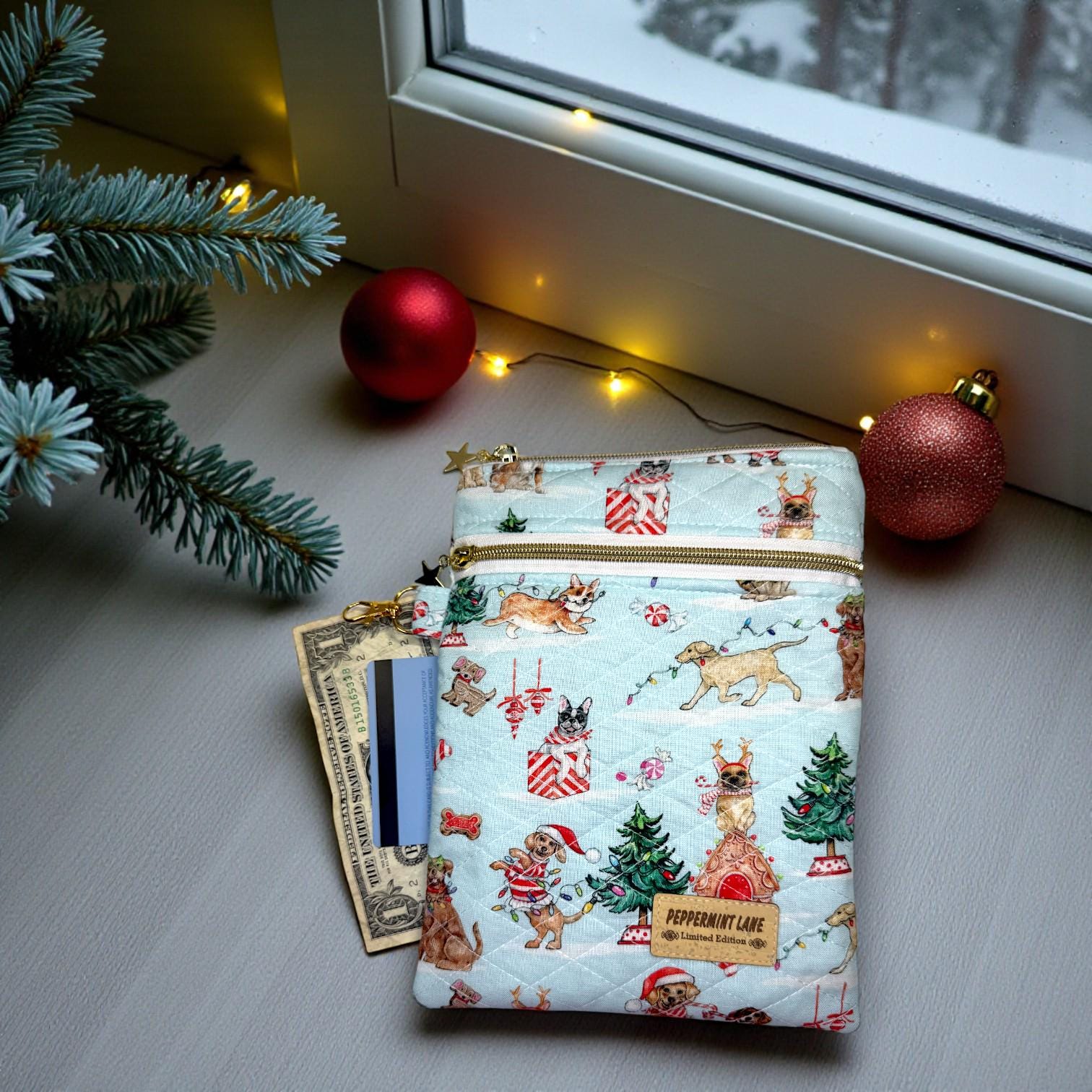 Quilted Kindle Sleeve 9.5×7 – Holiday Dogs – Peppermint Lane Limited Edition E-Reader Case – Slip Pocket + Zipper Pocket – Gold Hardware