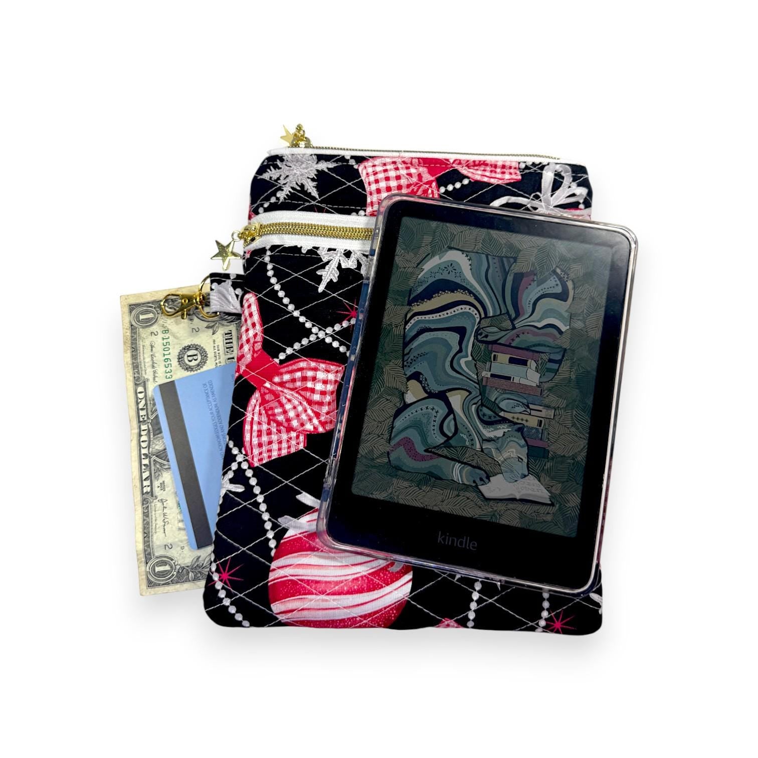 Quilted Kindle Sleeve 9.5×7 – Ornament Print – Peppermint Lane Limited Edition E-Reader Case – Zipper Pocket + Gold Hardware