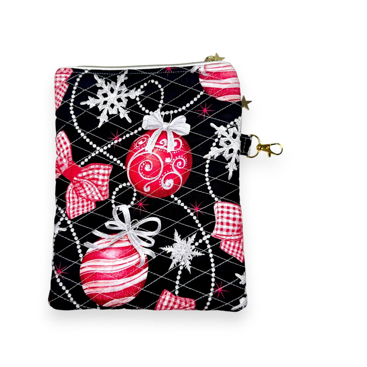 Christmas Kindle Sleeve with Pocket | Quilted E-Reader Case | Black Ornament Kindle Case | Peppermint Lane Limited Edition