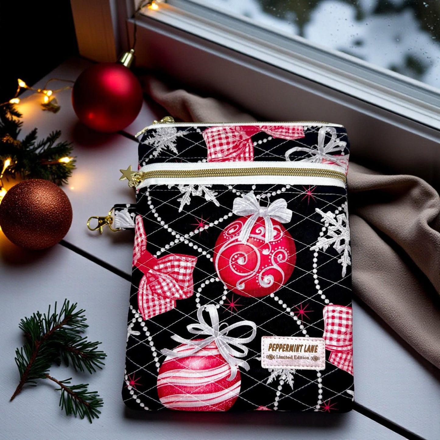 Quilted Kindle Sleeve 9.5×7 – Ornament Print – Peppermint Lane Limited Edition E-Reader Case – Zipper Pocket + Gold Hardware