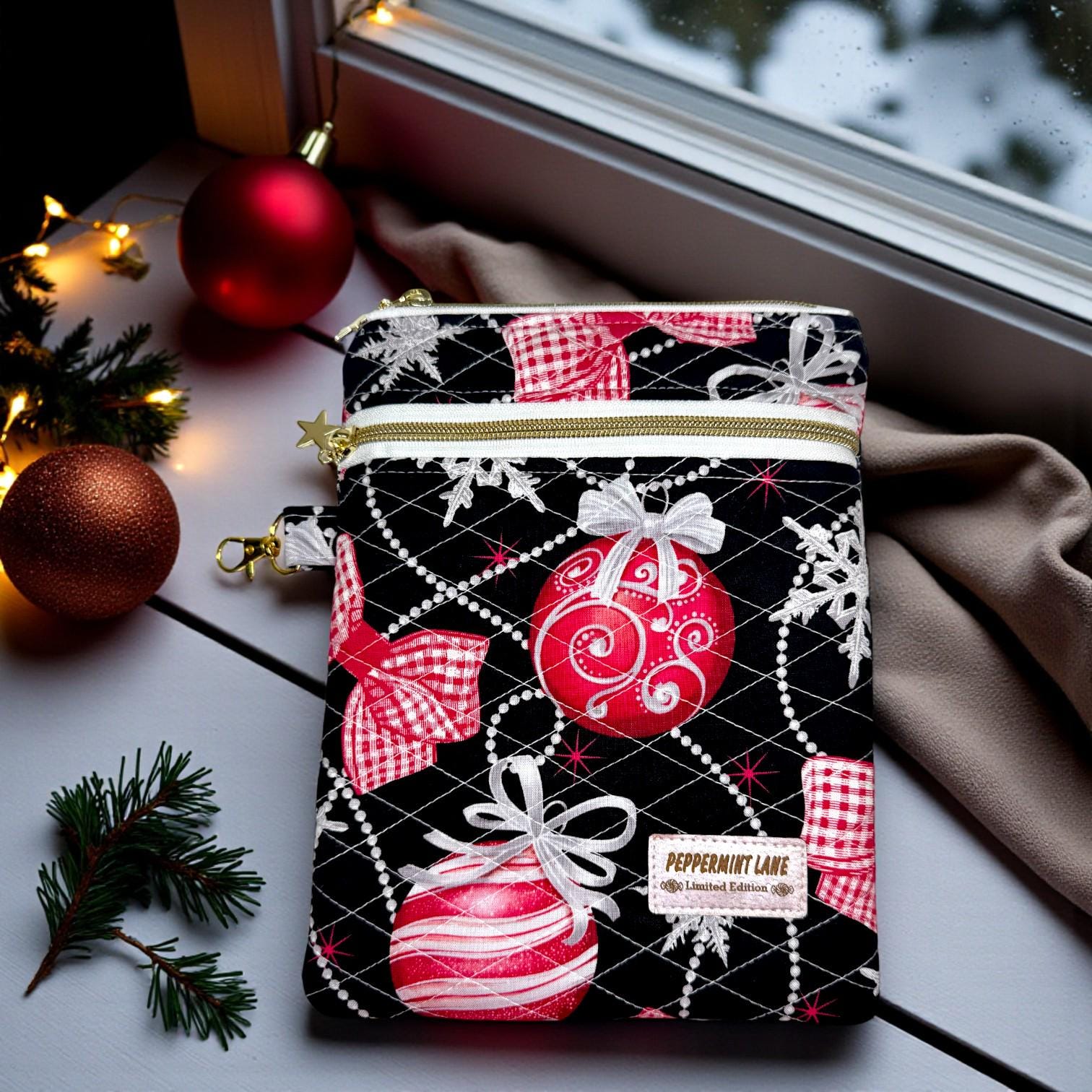Quilted Kindle Sleeve 9.5×7 – Ornament Print – Peppermint Lane Limited Edition E-Reader Case – Zipper Pocket + Gold Hardware