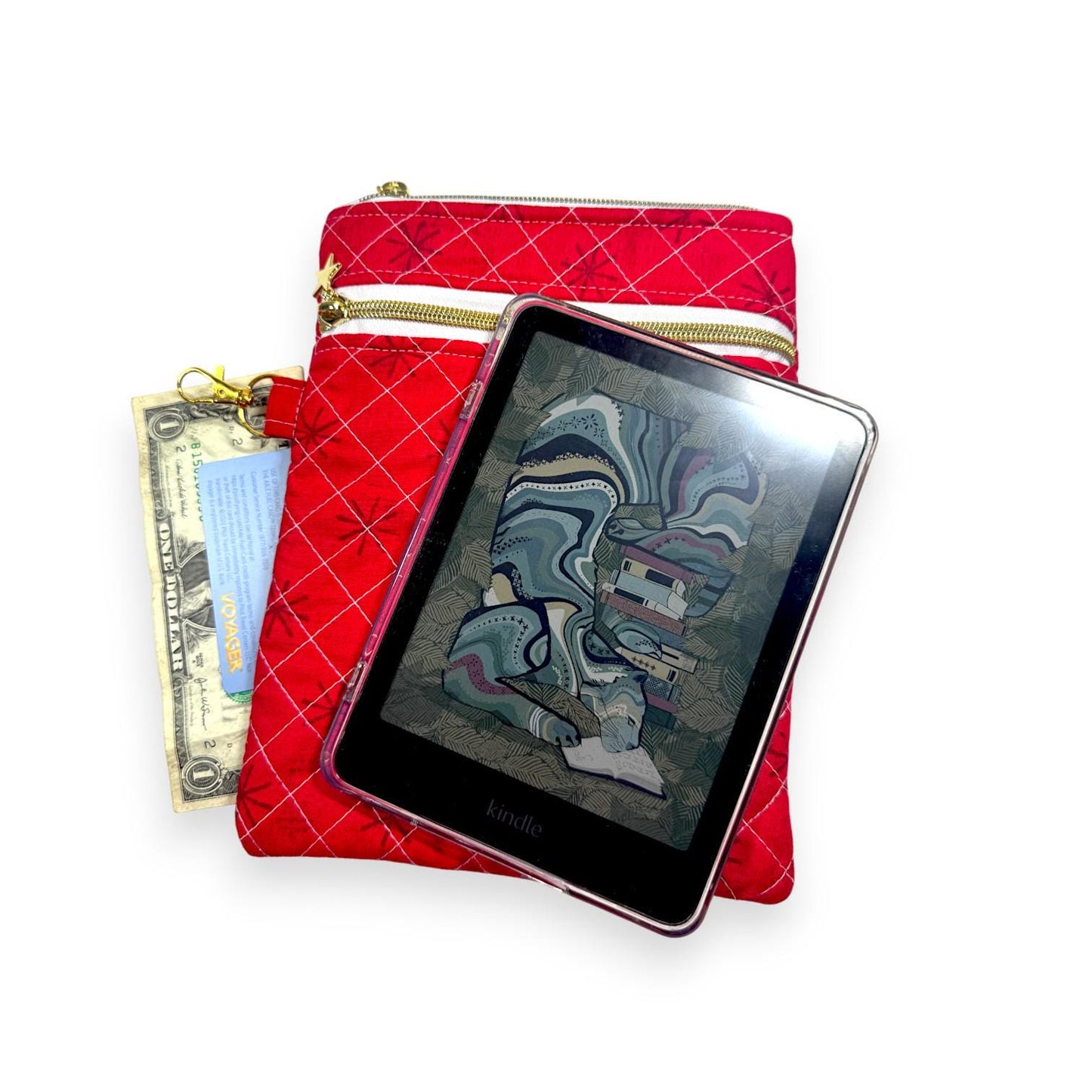 Quilted Kindle Sleeve 9.5×7 – Red Peppermint Lane – Limited Edition Holiday Case – Zipper Pocket + Slip Pocket – Tablet & Journal Pouch