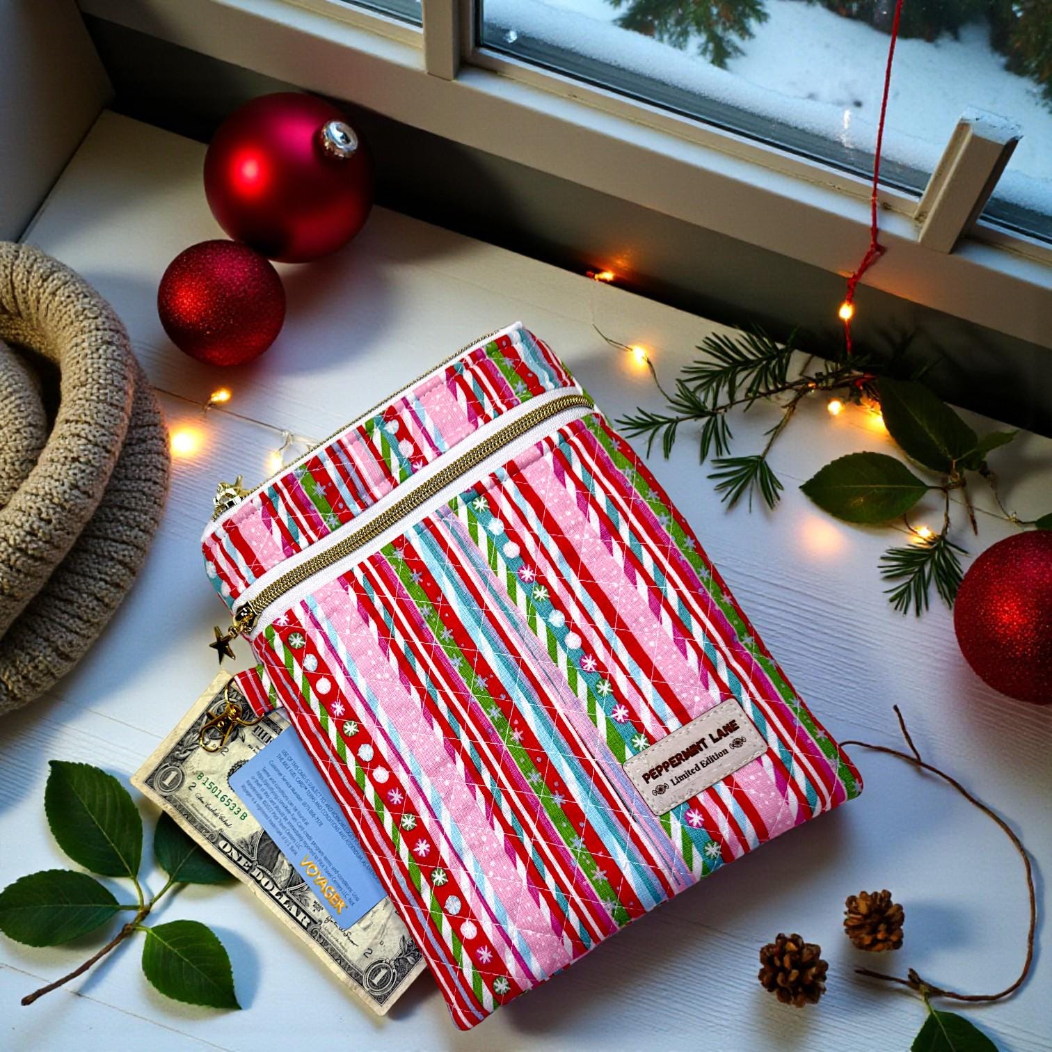 Quilted Kindle Sleeve 9.5×7 – Candy Cane Stripe – Peppermint Lane Limited Edition Holiday E-Reader Case – Slip Pocket + Zipper Pocket