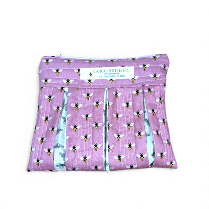 Bee Quilted Zipper Pouch, Pleated Makeup Bag, Pink Bee Pouch, Garden Lover Gift, Handmade Cosmetic Bag, Busy Bee