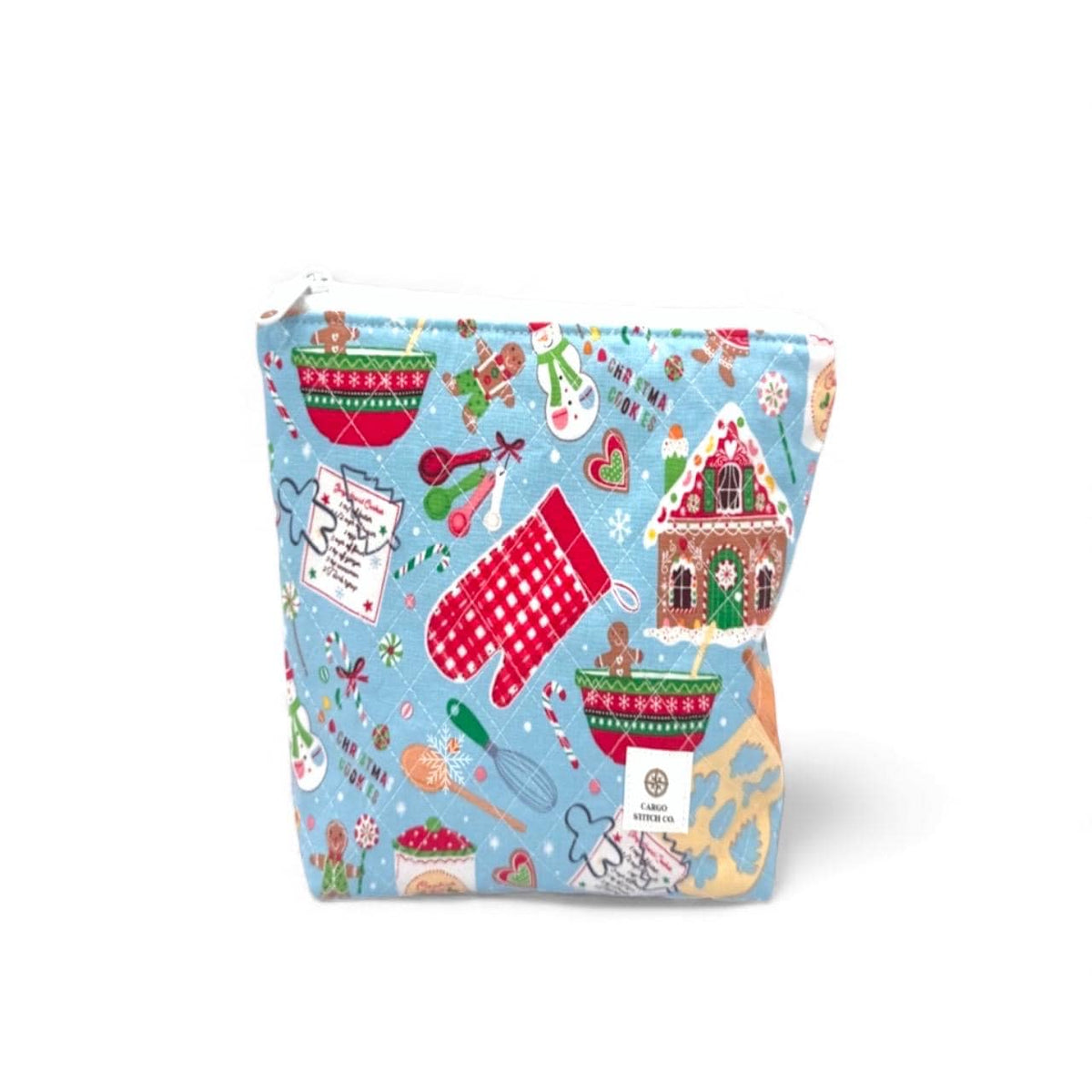 Christmas Baking Quilted Zipper Pouch | Large Holiday Project Bag | Gingerbread Christmas Makeup Bag | Handmade Gift for Baker