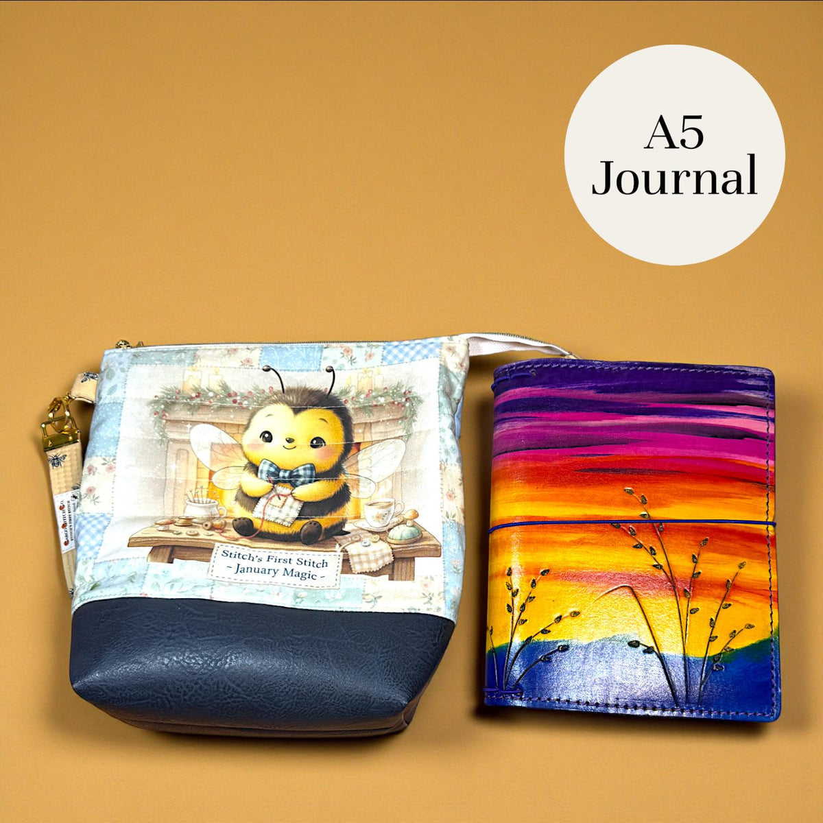 Honeycomb Hollow Quilted Project Bag | XL Bee Zipper Pouch | Journal Craft Bag | Story Zine Included