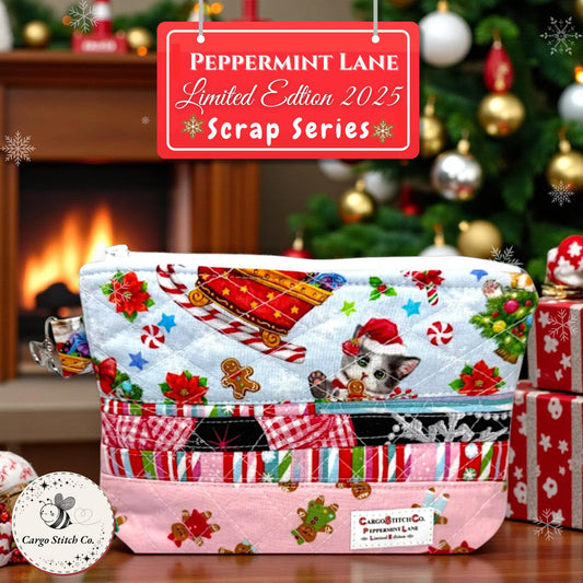 Quilted Pouch 8×6 – Peppermint Lane – Holiday Bag with Blue Lining, Slip Pocket & Swivel Hook – Limited Edition Gift