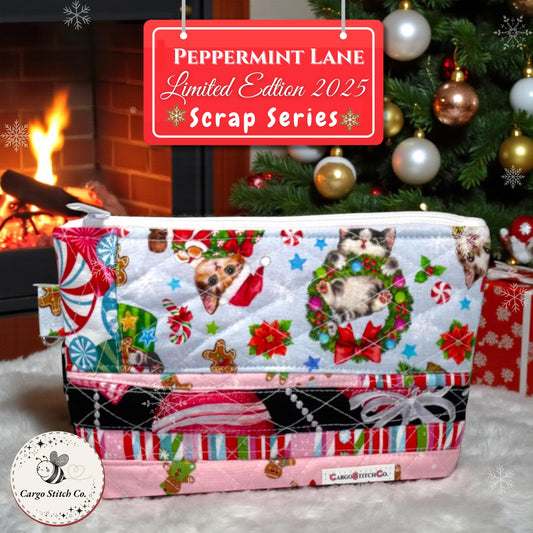 Quilted Makeup Pouch – 8x6 Zipper Bag with Pink Lining & Pocket – Holiday Organizer – Peppermint Lane Limited Edition