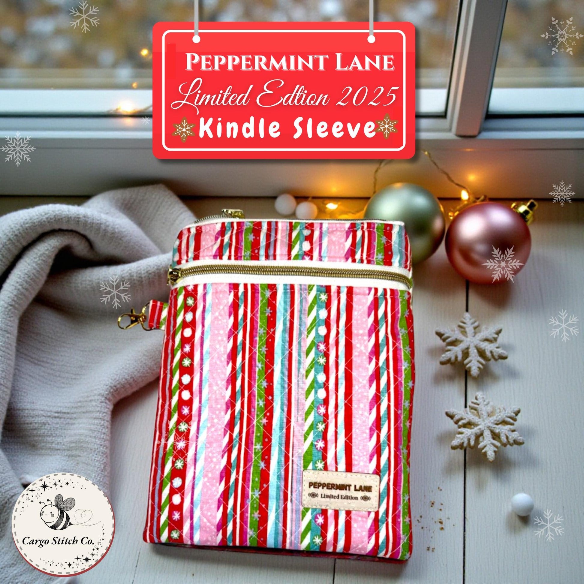 Quilted Kindle Sleeve 9.5×7 – Candy Cane Stripe – Peppermint Lane Limited Edition Holiday E-Reader Case – Slip Pocket + Zipper Pocket
