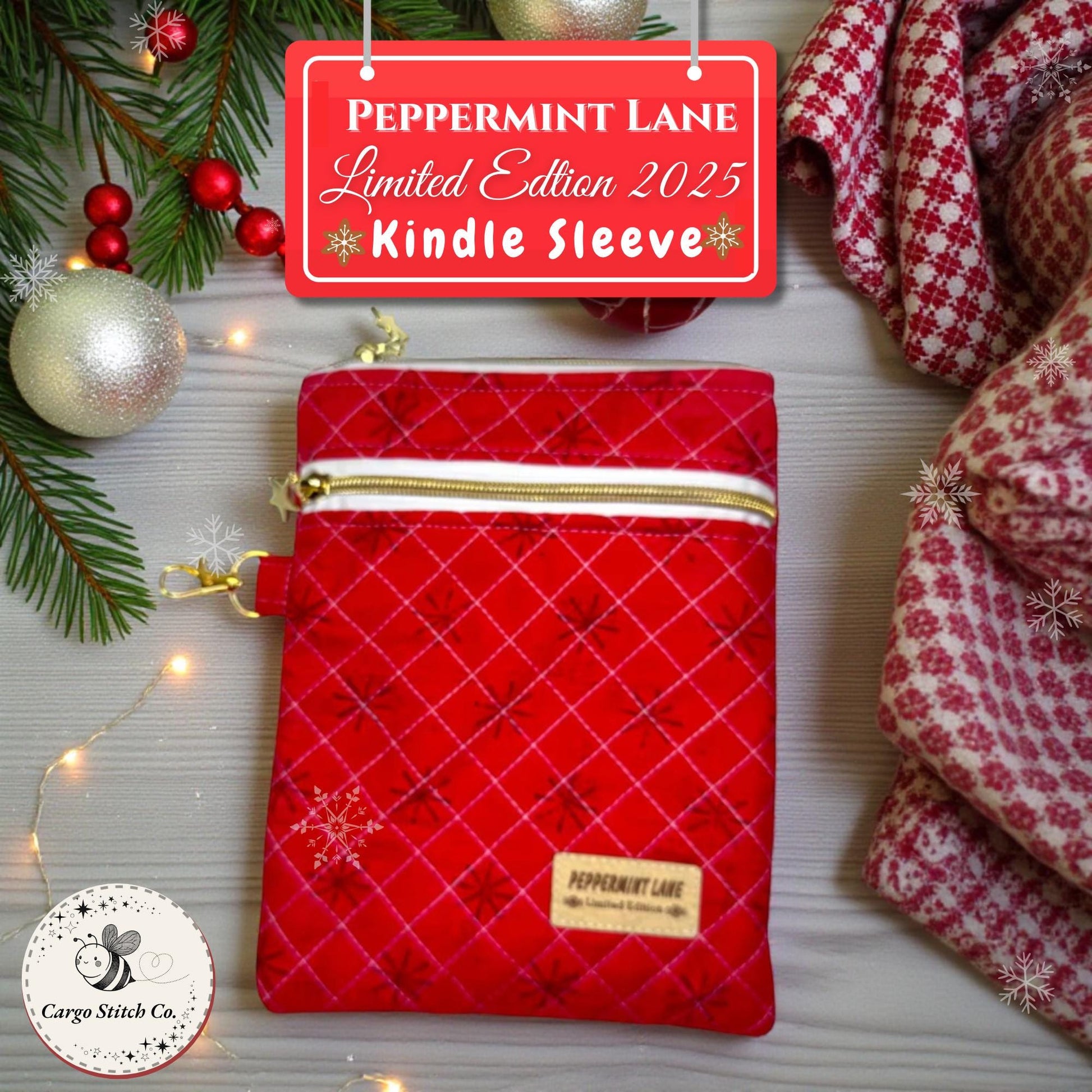 Quilted Kindle Sleeve 9.5×7 – Red Peppermint Lane – Limited Edition Holiday Case – Zipper Pocket + Slip Pocket – Tablet & Journal Pouch