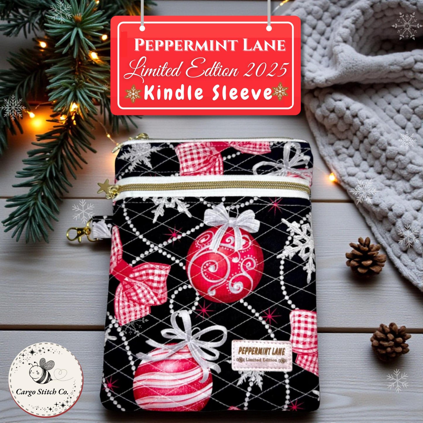 Quilted Kindle Sleeve 9.5×7 – Ornament Print – Peppermint Lane Limited Edition E-Reader Case – Zipper Pocket + Gold Hardware