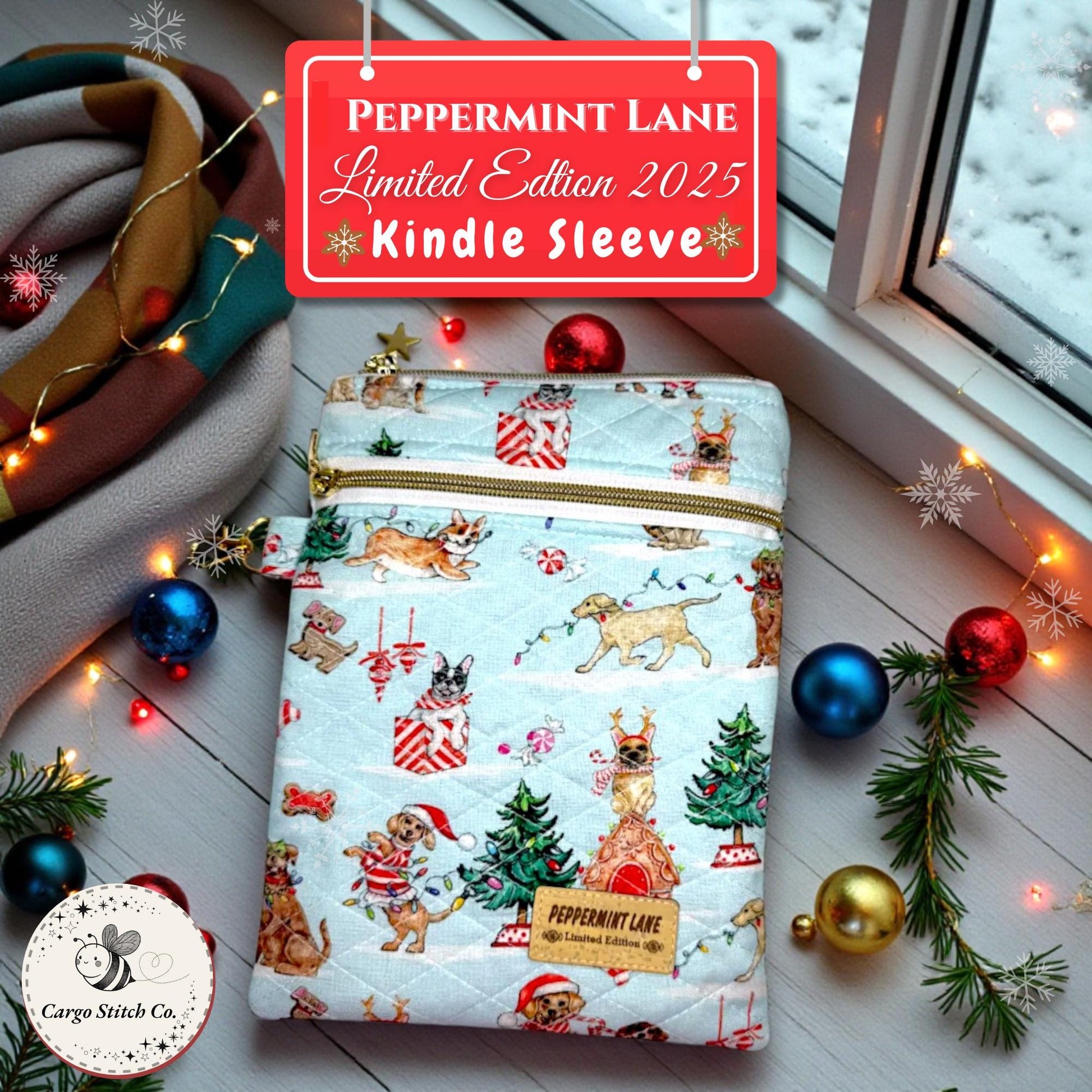 Quilted Kindle Sleeve 9.5×7 – Holiday Dogs – Peppermint Lane Limited Edition E-Reader Case – Slip Pocket + Zipper Pocket – Gold Hardware