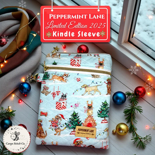 Quilted Kindle Sleeve 9.5×7 – Holiday Dogs – Peppermint Lane Limited Edition E-Reader Case – Slip Pocket + Zipper Pocket – Gold Hardware