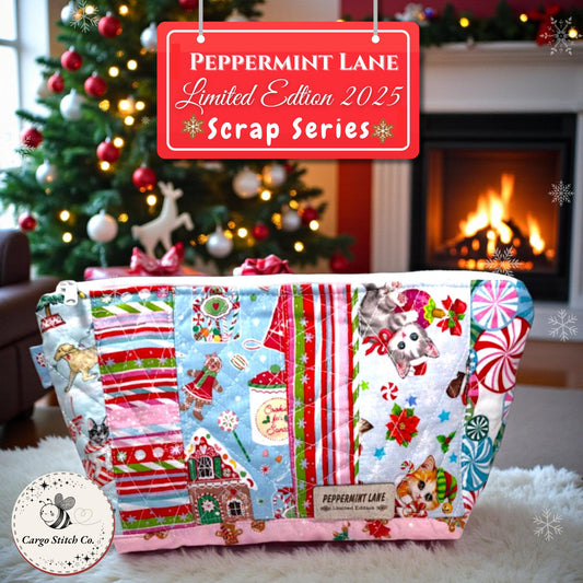 Large Quilted Patchwork Pouch 12×8 – Peppermint Lane – Holiday Bag with Inside Pocket & Swivel Hook – Knitting And Crochet Project Bag