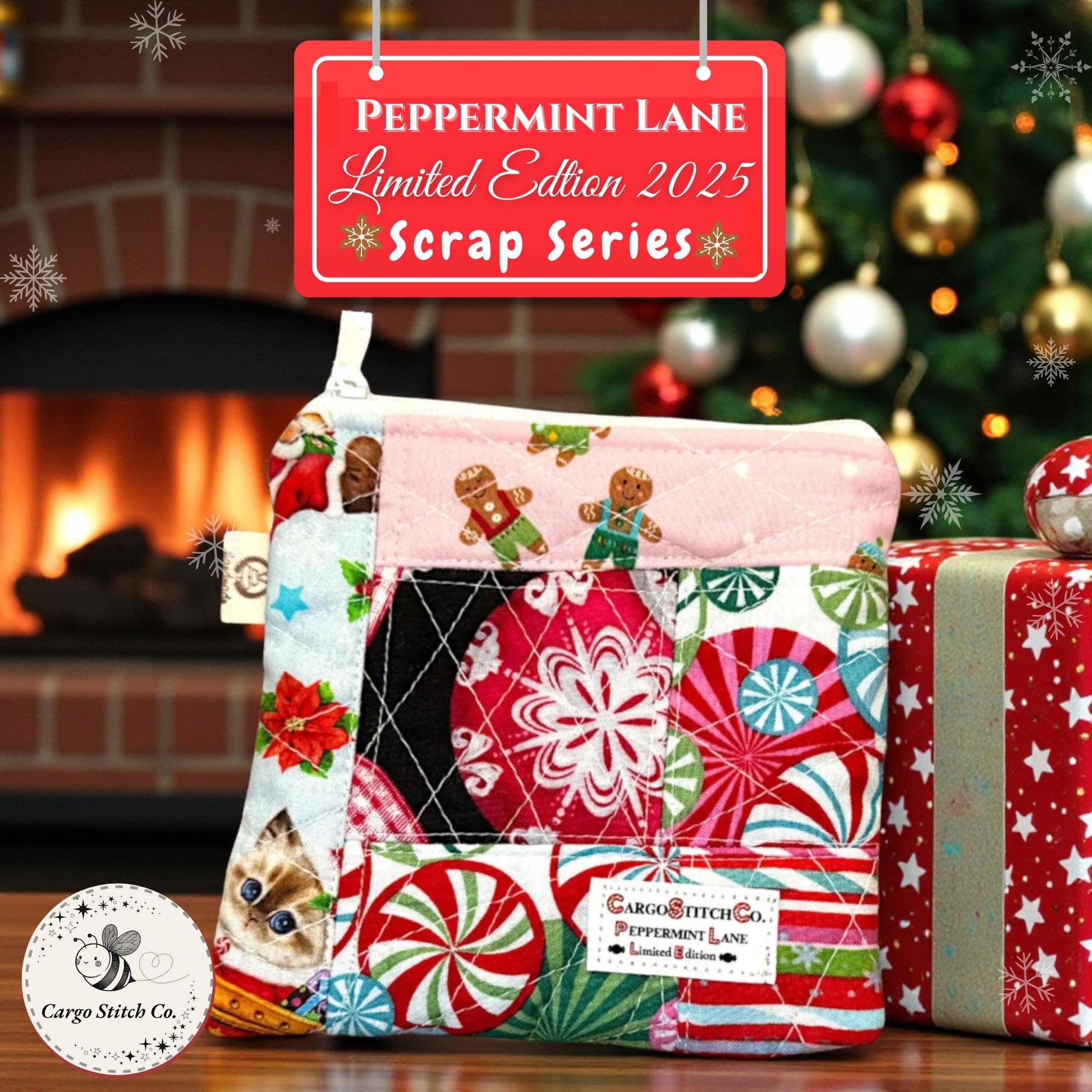 Peppermint Lane Christmas Patchwork Pouch – 5.5 x 5 Quilted Zipper Bag, Gingerbread Mini Wallet, Scrappy Limited Edition Stocking Stuffer