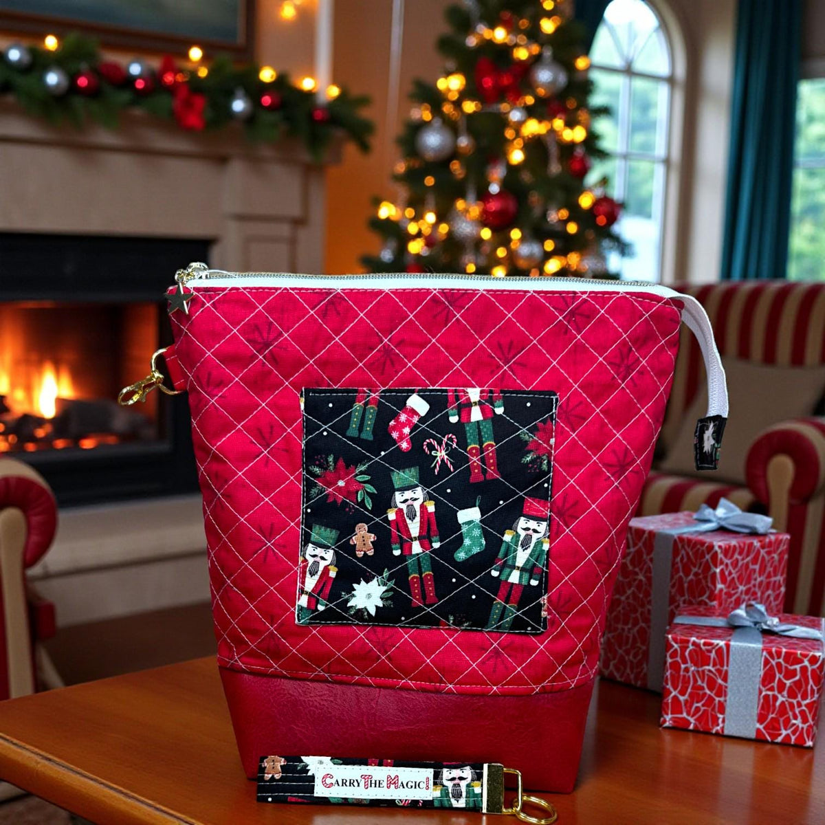 XL Nutcracker Zipper Pouch – Peppermint Lane Extra Large Quilted Project Bag with Pockets – Holiday Makeup Purse– Christmas Gift