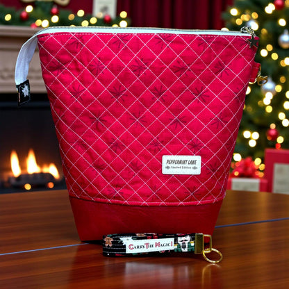 XL Nutcracker Zipper Pouch – Peppermint Lane Extra Large Quilted Project Bag with Pockets – Holiday Makeup Purse– Christmas Gift