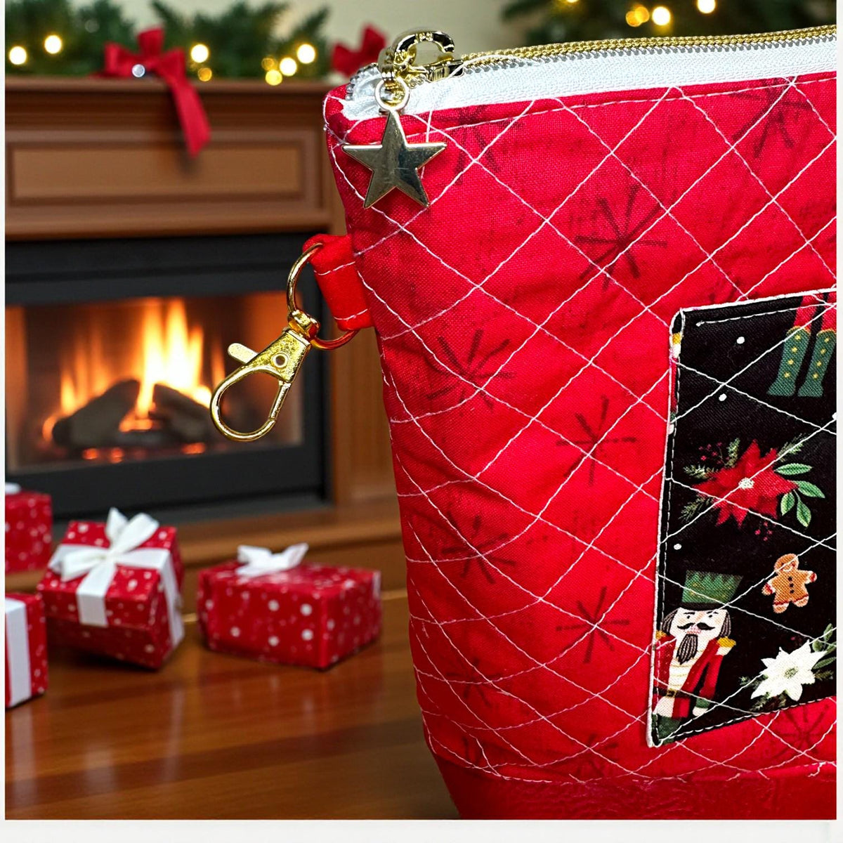 XL Nutcracker Zipper Pouch – Peppermint Lane Extra Large Quilted Project Bag with Pockets – Holiday Makeup Purse– Christmas Gift