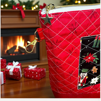 XL Nutcracker Zipper Pouch – Peppermint Lane Extra Large Quilted Project Bag with Pockets – Holiday Makeup Purse– Christmas Gift