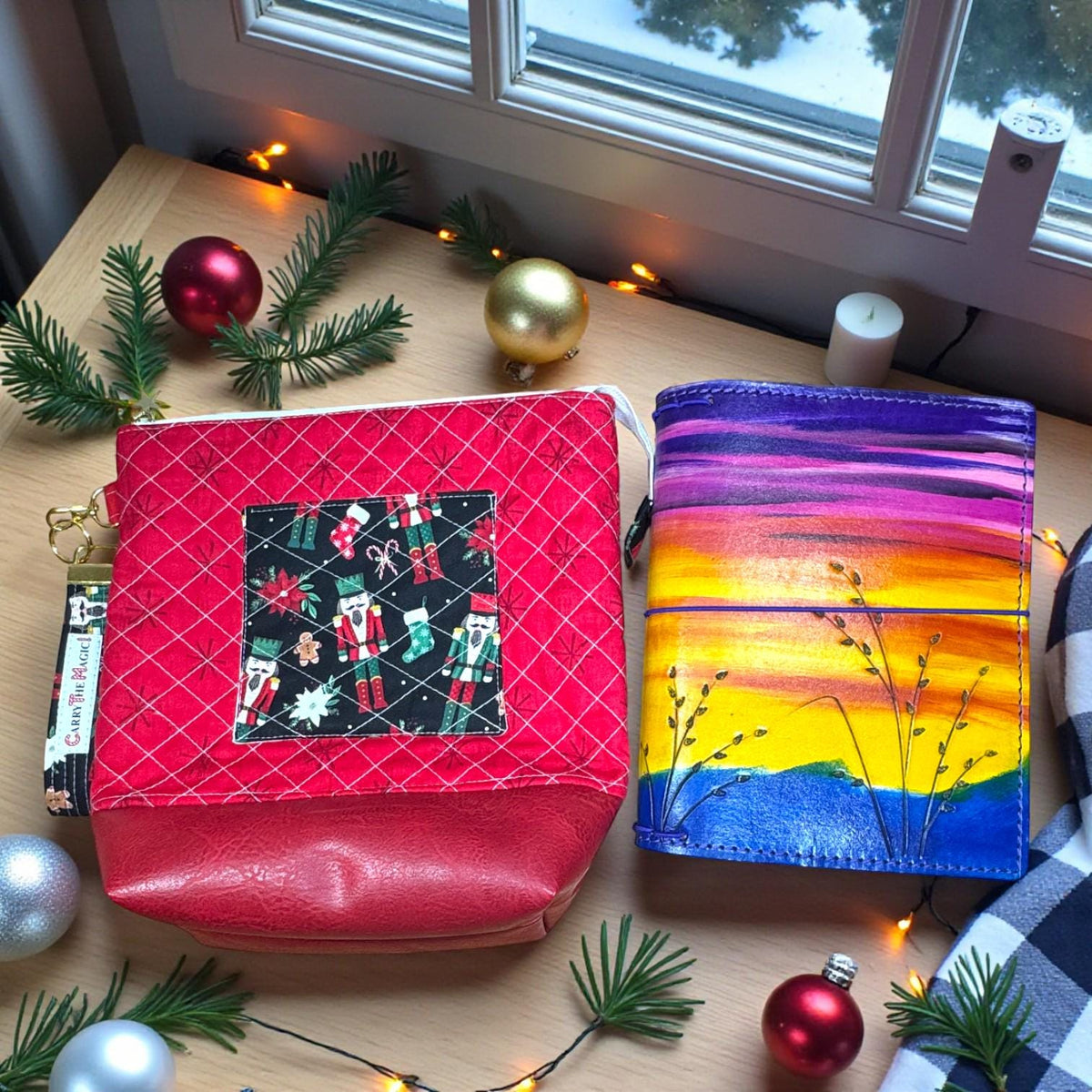 XL Nutcracker Zipper Pouch – Peppermint Lane Extra Large Quilted Project Bag with Pockets – Holiday Makeup Purse– Christmas Gift