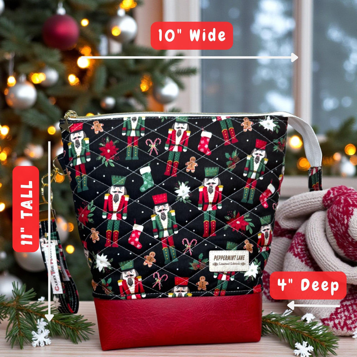 XL Nutcracker Christmas Project Bag, Quilted Zipper Pouch, Holiday Craft Organizer, Peppermint Lane Limited Edition