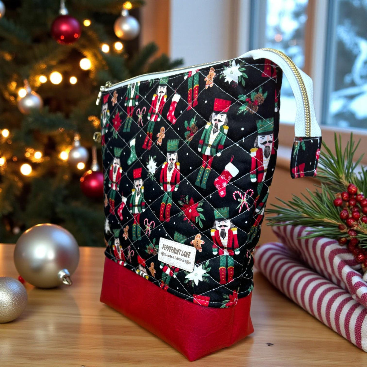 XL Nutcracker Christmas Project Bag, Quilted Zipper Pouch, Holiday Craft Organizer, Peppermint Lane Limited Edition