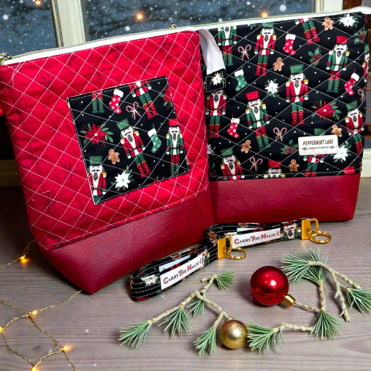 XL Nutcracker Christmas Project Bag, Quilted Zipper Pouch, Holiday Craft Organizer, Peppermint Lane Limited Edition
