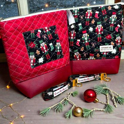 XL Nutcracker Christmas Project Bag, Quilted Zipper Pouch, Holiday Craft Organizer, Peppermint Lane Limited Edition