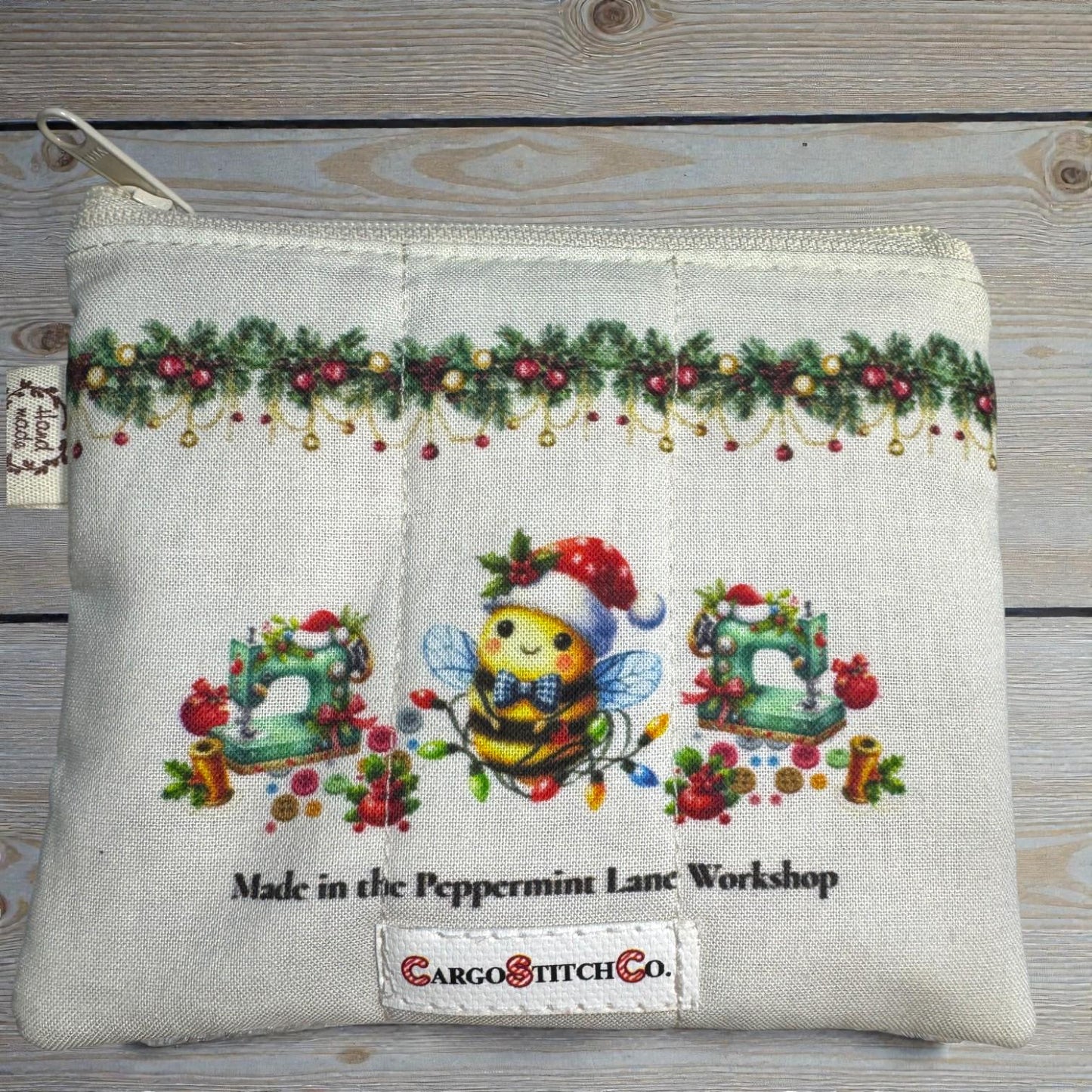 Stitch Quilted Zipper Bag • Peppermint Lane Cozy Bee Christmas Pouch • Handmade Gift • Small Holiday Bag • Stocking Stuffer