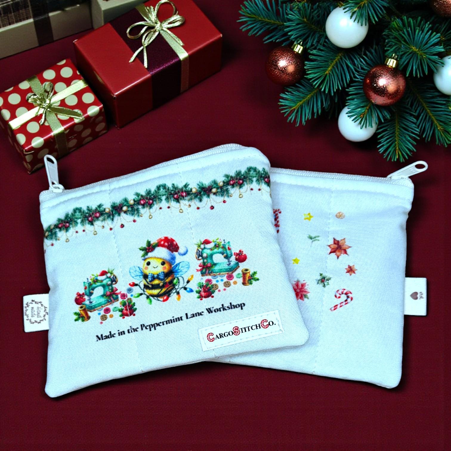 Stitch Quilted Zipper Bag • Peppermint Lane Cozy Bee Christmas Pouch • Handmade Gift • Small Holiday Bag • Stocking Stuffer