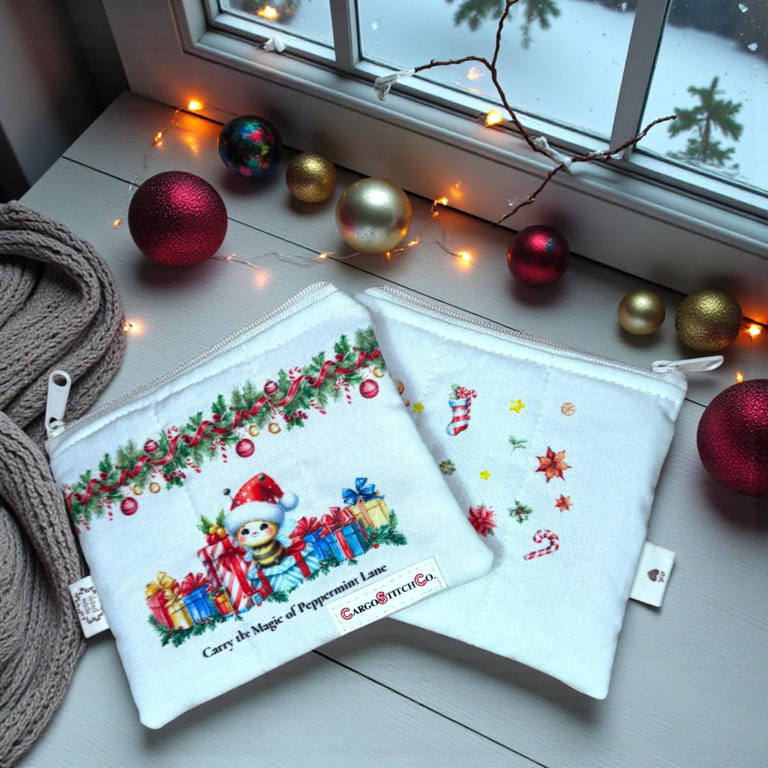 Stitch Quilted Zipper Bag • Peppermint Lane Cozy Bee Christmas Pouch • Handmade Gift • Small Holiday Bag • Stocking Stuffer