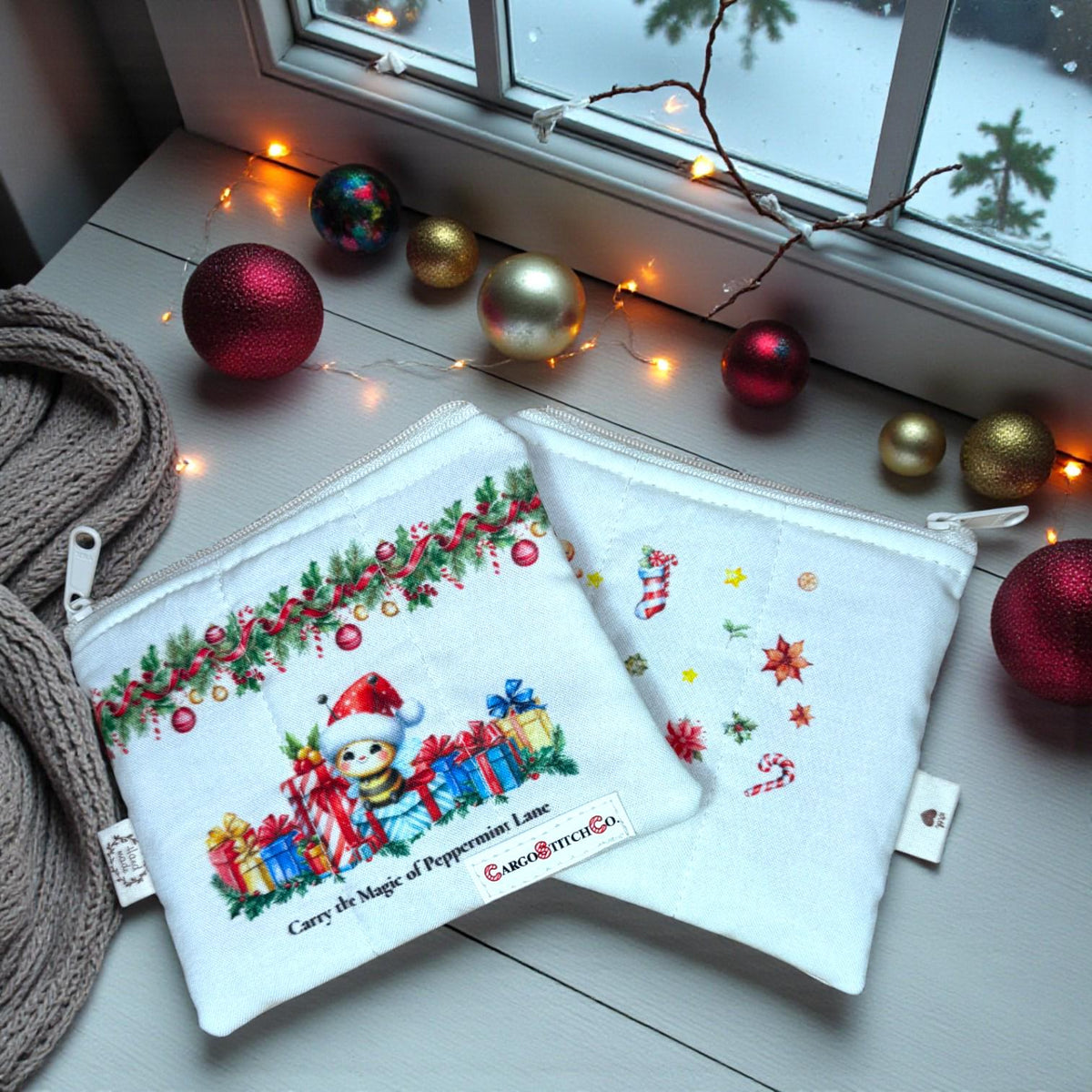 Peppermint Lane Christmas Zipper Pouch, Quilted Coin Purse, Small Holiday Pouch, Stocking Stuffer, Choose Your Design