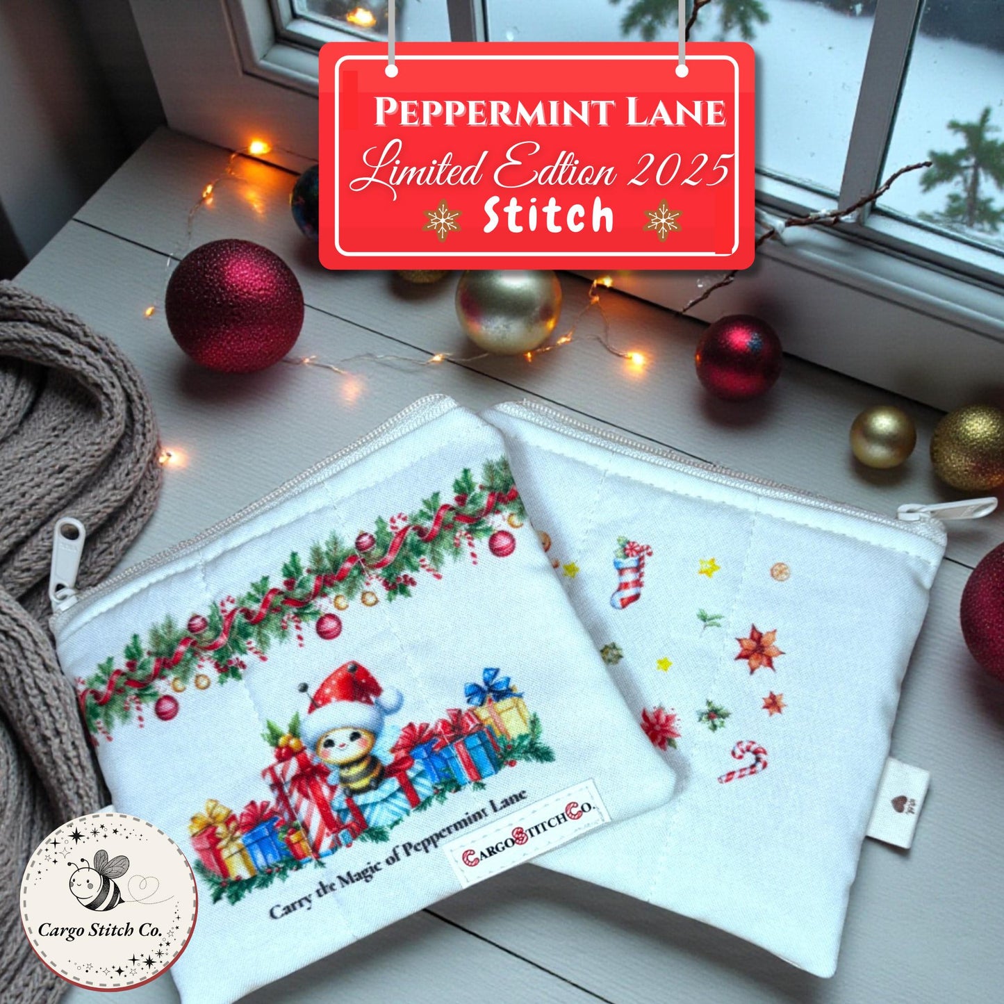 Stitch Quilted Zipper Bag • Peppermint Lane Cozy Bee Christmas Pouch • Handmade Gift • Small Holiday Bag • Stocking Stuffer