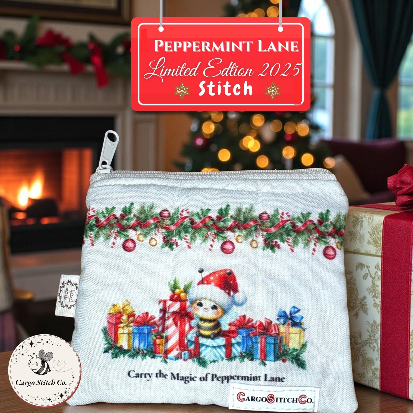 Stitch Quilted Zipper Bag • Peppermint Lane Cozy Bee Christmas Pouch • Handmade Gift • Small Holiday Bag • Stocking Stuffer