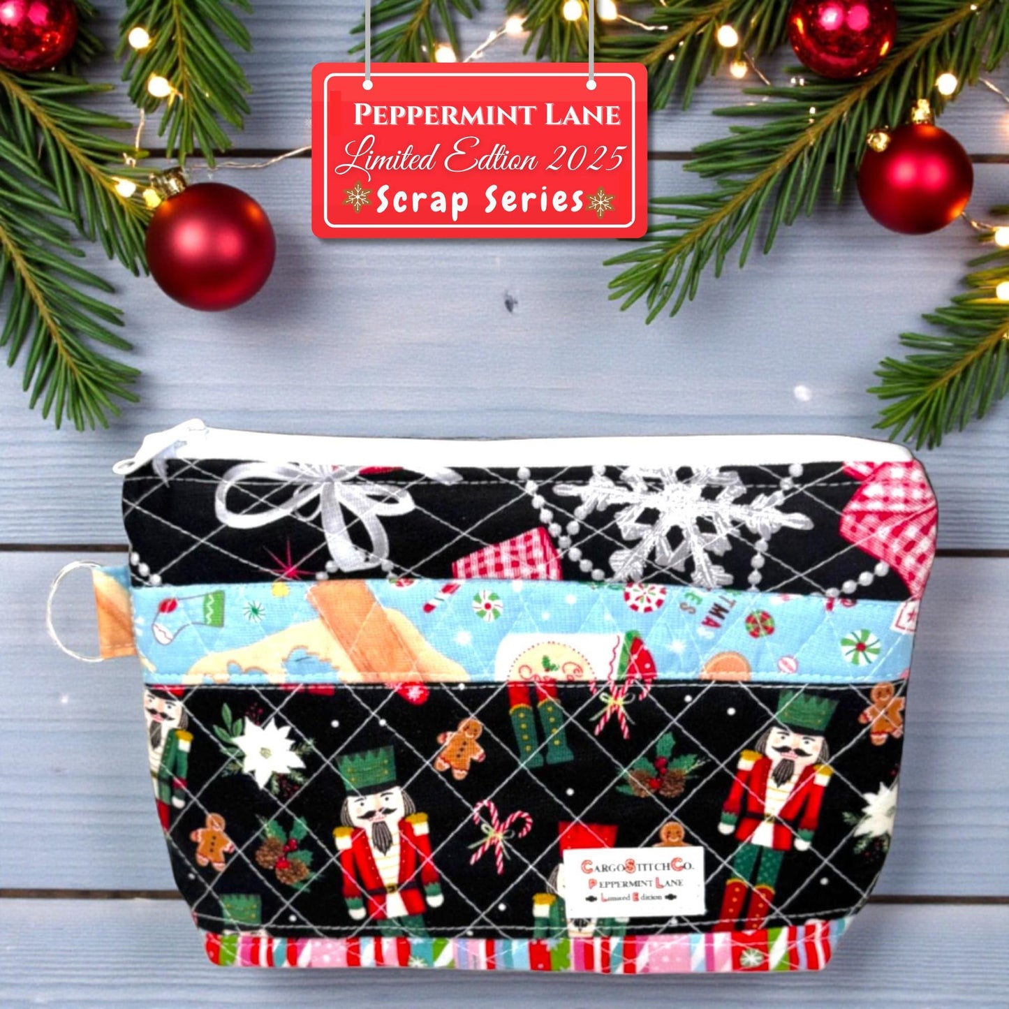 Quilted Holiday Organizer 8.5×6.5 – Peppermint Lane Limited Edition Pouch – 3 Interior Pockets, Stocking Stuffer – Christmas Gift for Her