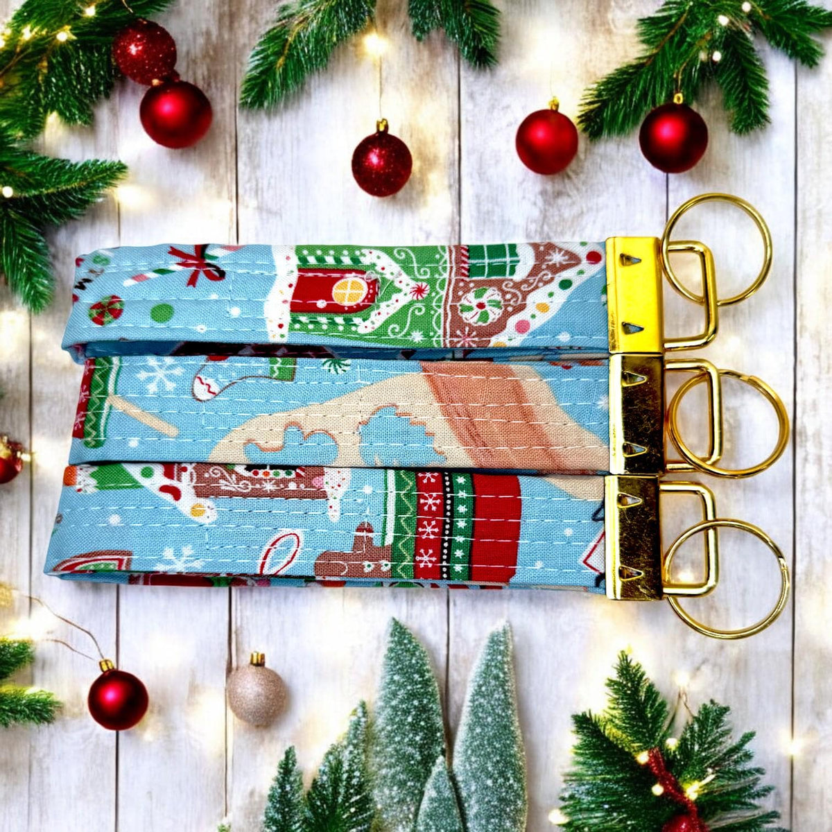 Christmas Key Fob Wristlet | Peppermint Lane Holiday Keychain | Handmade Fabric Wristlet | Stocking Stuffer Gift