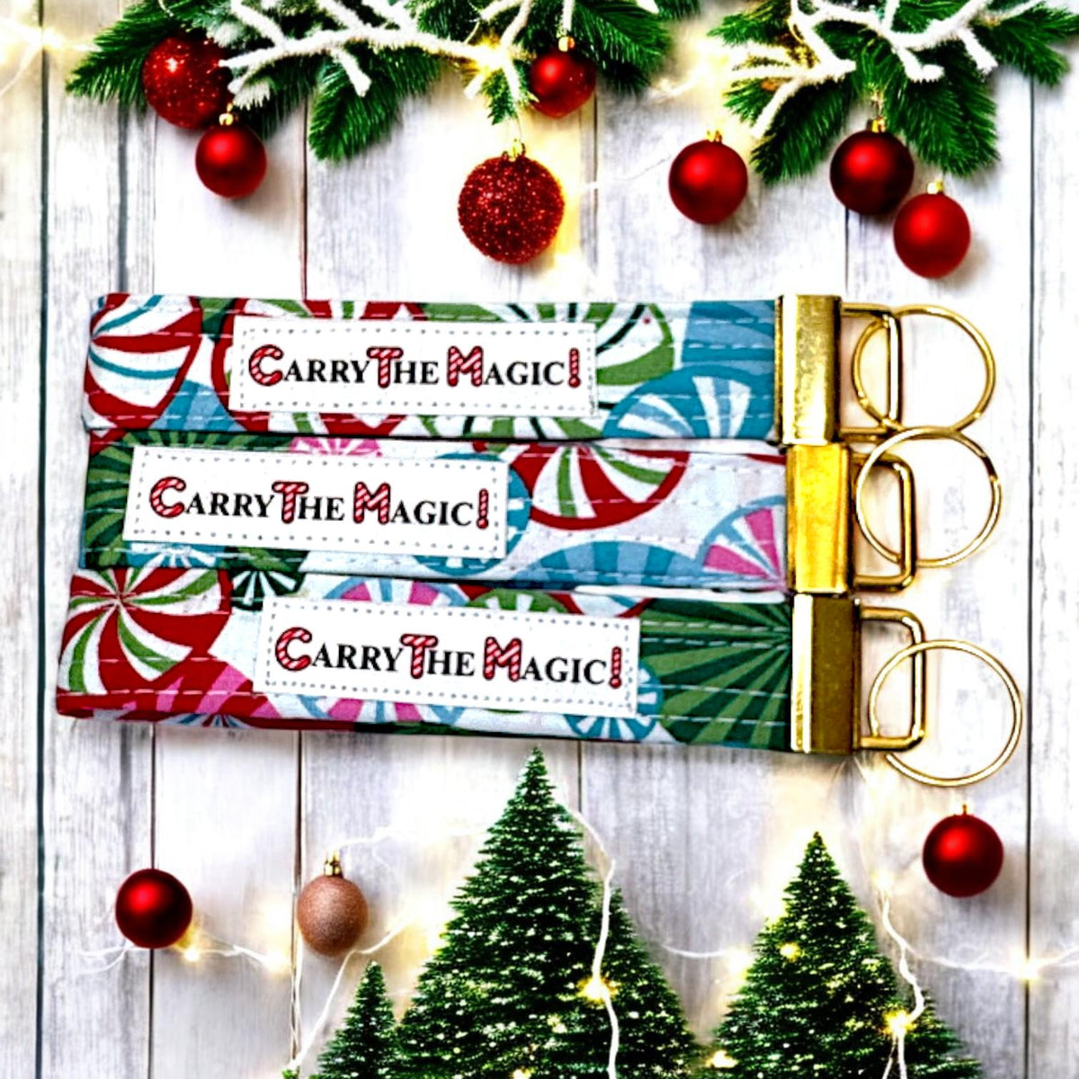 Christmas Key Fob Wristlet | Peppermint Lane Holiday Keychain | Handmade Fabric Wristlet | Stocking Stuffer Gift