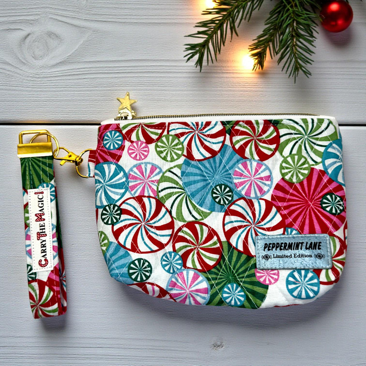 Christmas Key Fob Wristlet | Peppermint Lane Holiday Keychain | Handmade Fabric Wristlet | Stocking Stuffer Gift