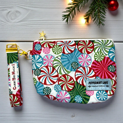 Christmas Key Fob Wristlet | Peppermint Lane Holiday Keychain | Handmade Fabric Wristlet | Stocking Stuffer Gift