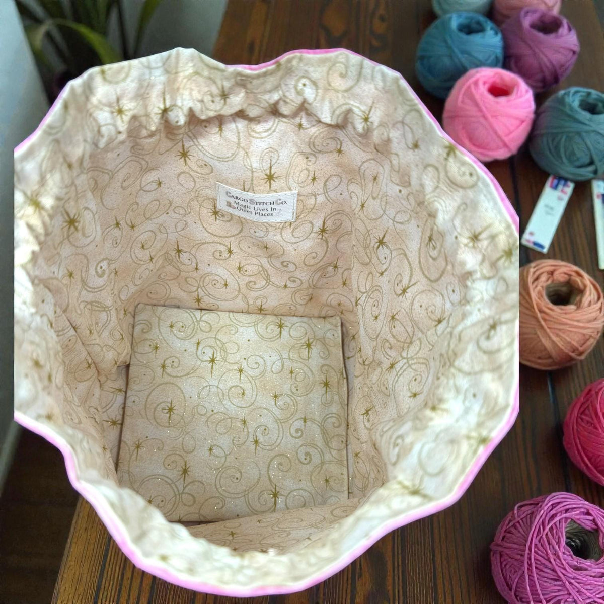 Pink Drawstring Project Bag, Quilted Zipper Pouch, Handmade Organizer, Quiet Places Collection, Sewing & Journal Gift