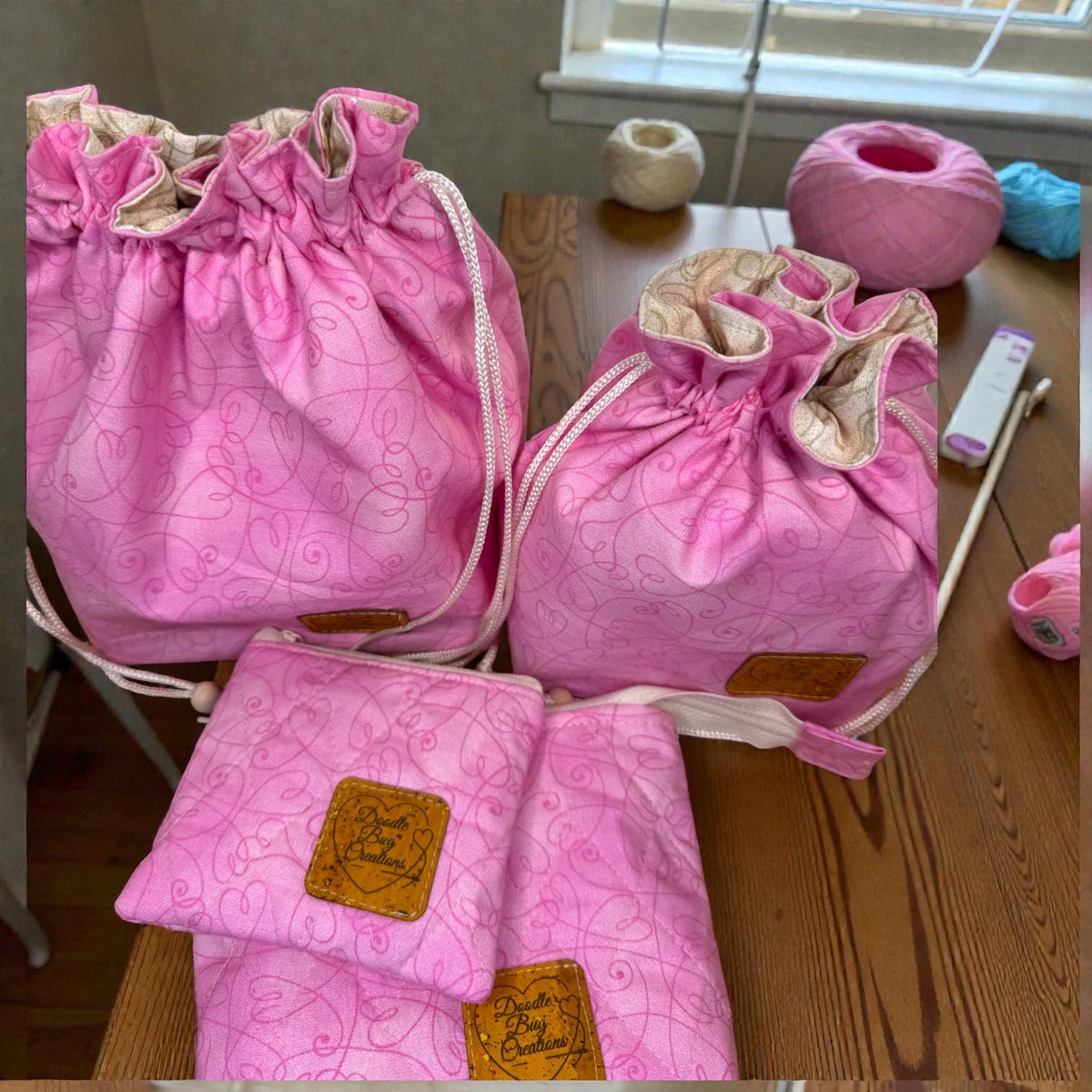 Pink Drawstring Project Bag, Quilted Zipper Pouch, Handmade Organizer, Quiet Places Collection, Sewing & Journal Gift