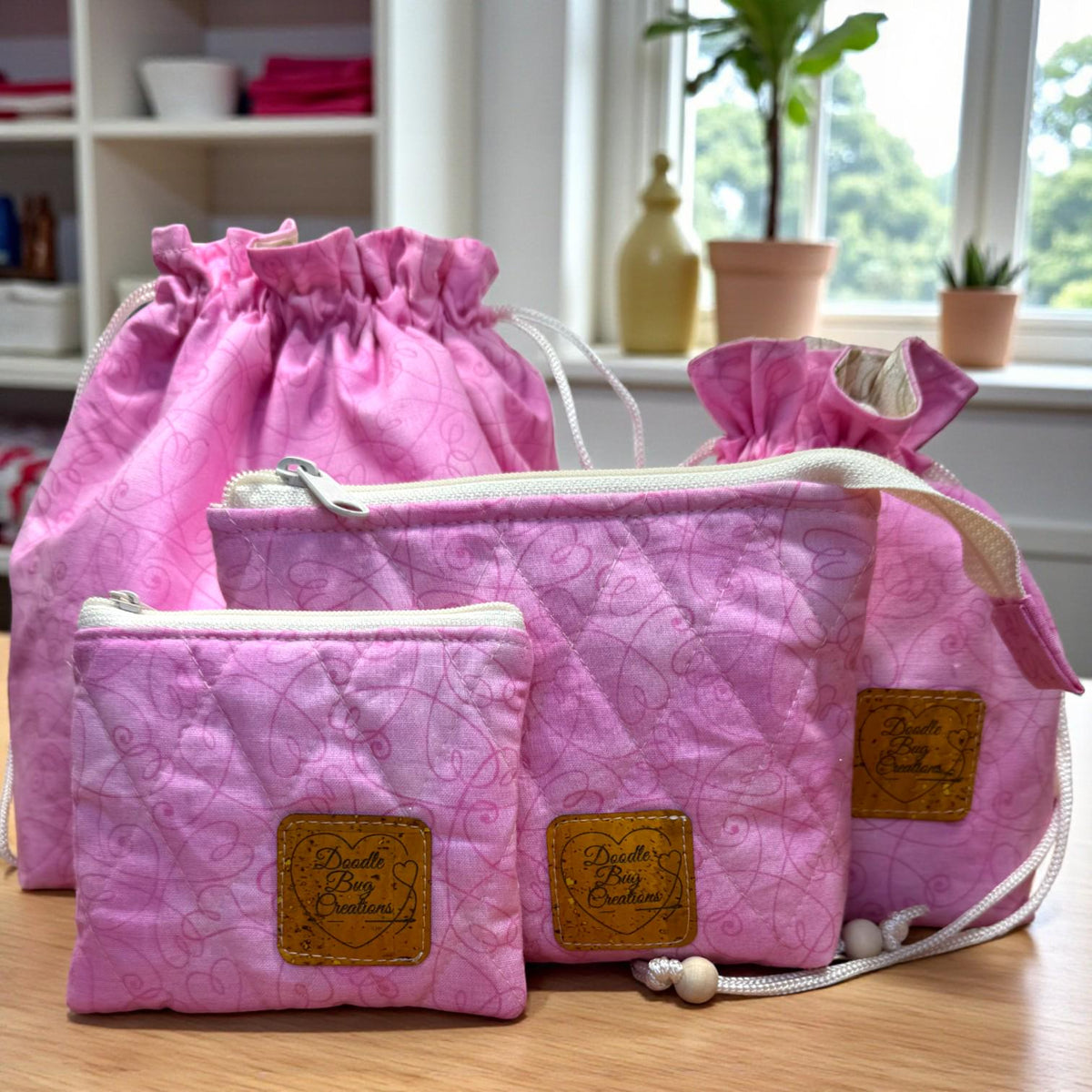 Pink Drawstring Project Bag, Quilted Zipper Pouch, Handmade Organizer, Quiet Places Collection, Sewing & Journal Gift