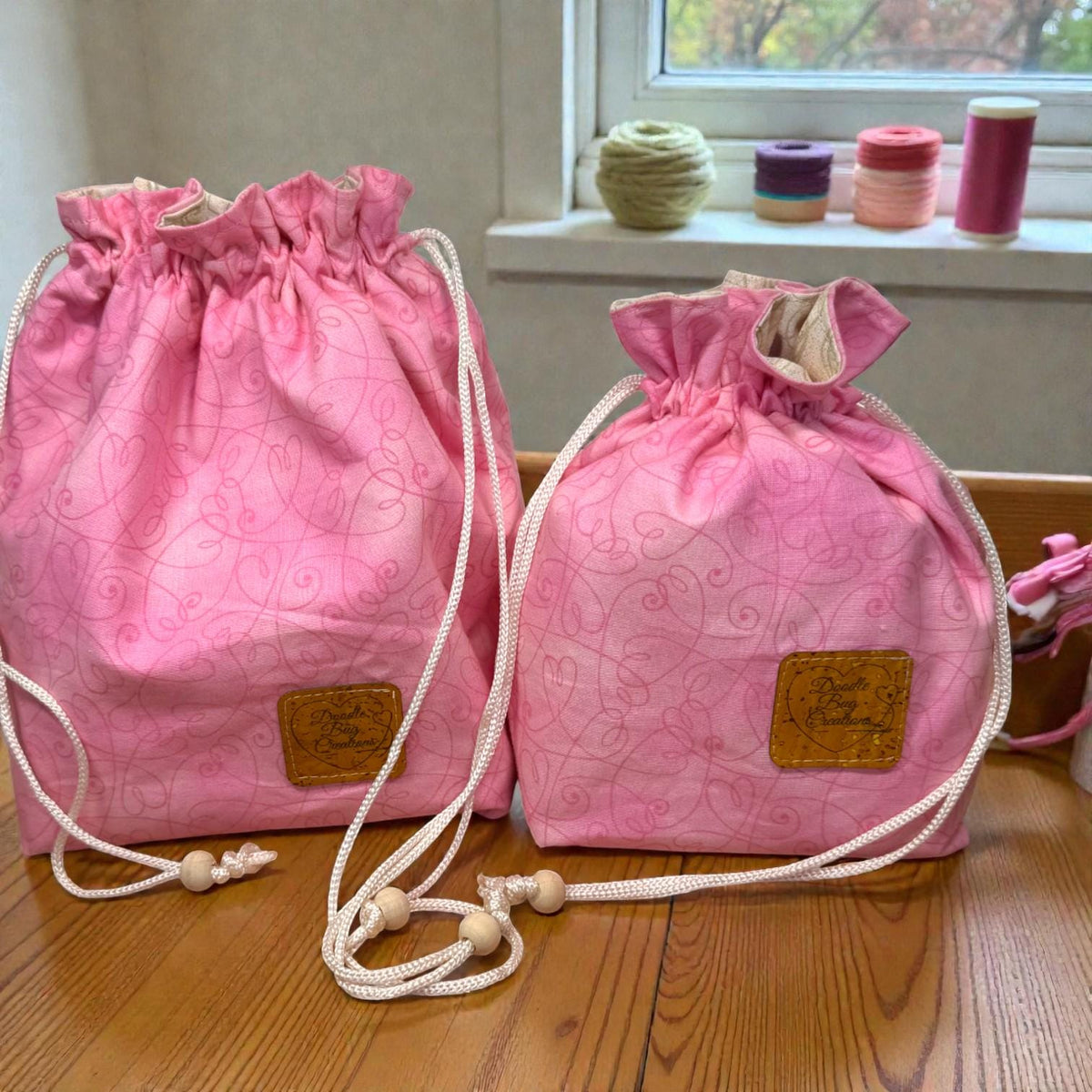 Pink Drawstring Project Bag, Quilted Zipper Pouch, Handmade Organizer, Quiet Places Collection, Sewing & Journal Gift