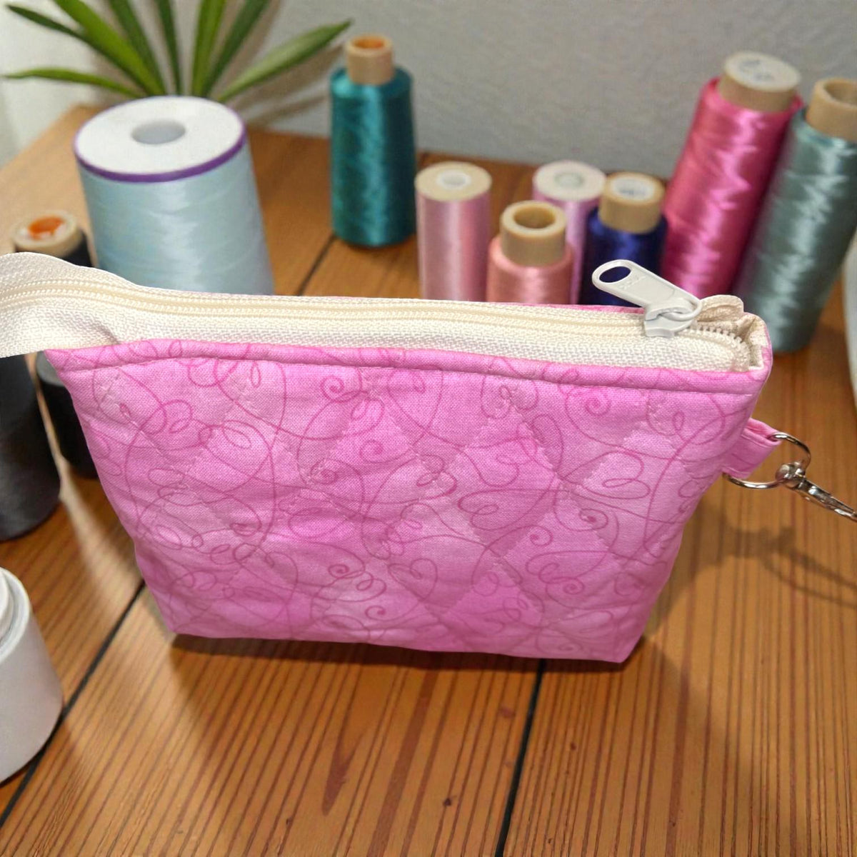 Pink Drawstring Project Bag, Quilted Zipper Pouch, Handmade Organizer, Quiet Places Collection, Sewing & Journal Gift