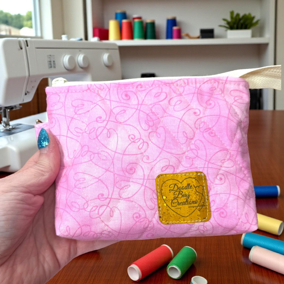 Pink Drawstring Project Bag, Quilted Zipper Pouch, Handmade Organizer, Quiet Places Collection, Sewing & Journal Gift
