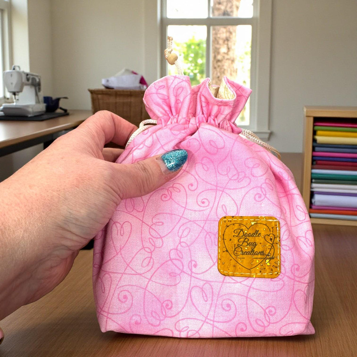 Pink Drawstring Project Bag, Quilted Zipper Pouch, Handmade Organizer, Quiet Places Collection, Sewing & Journal Gift