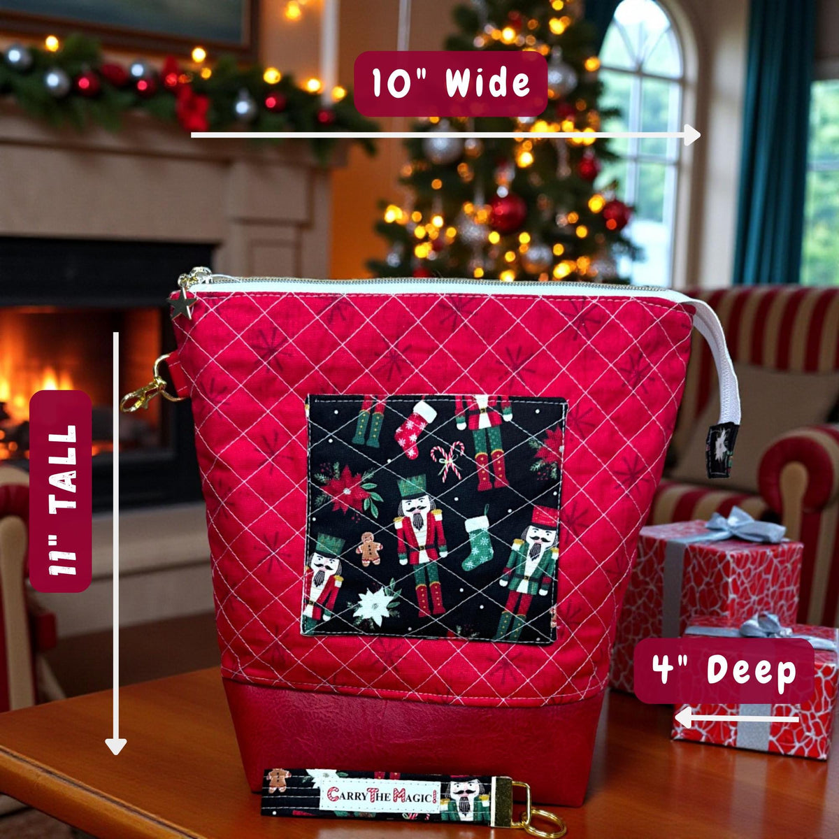 XL Nutcracker Zipper Pouch – Peppermint Lane Extra Large Quilted Project Bag with Pockets – Holiday Makeup Purse– Christmas Gift