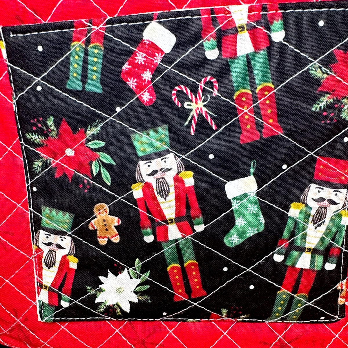 XL Nutcracker Zipper Pouch – Peppermint Lane Extra Large Quilted Project Bag with Pockets – Holiday Makeup Purse– Christmas Gift