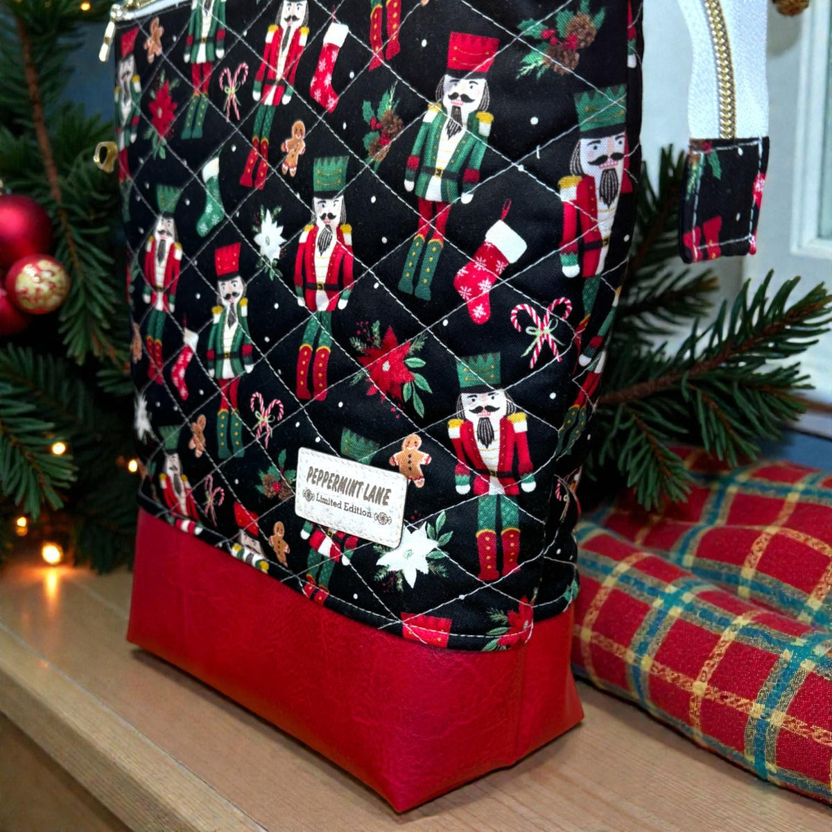 XL Nutcracker Christmas Project Bag, Quilted Zipper Pouch, Holiday Craft Organizer, Peppermint Lane Limited Edition