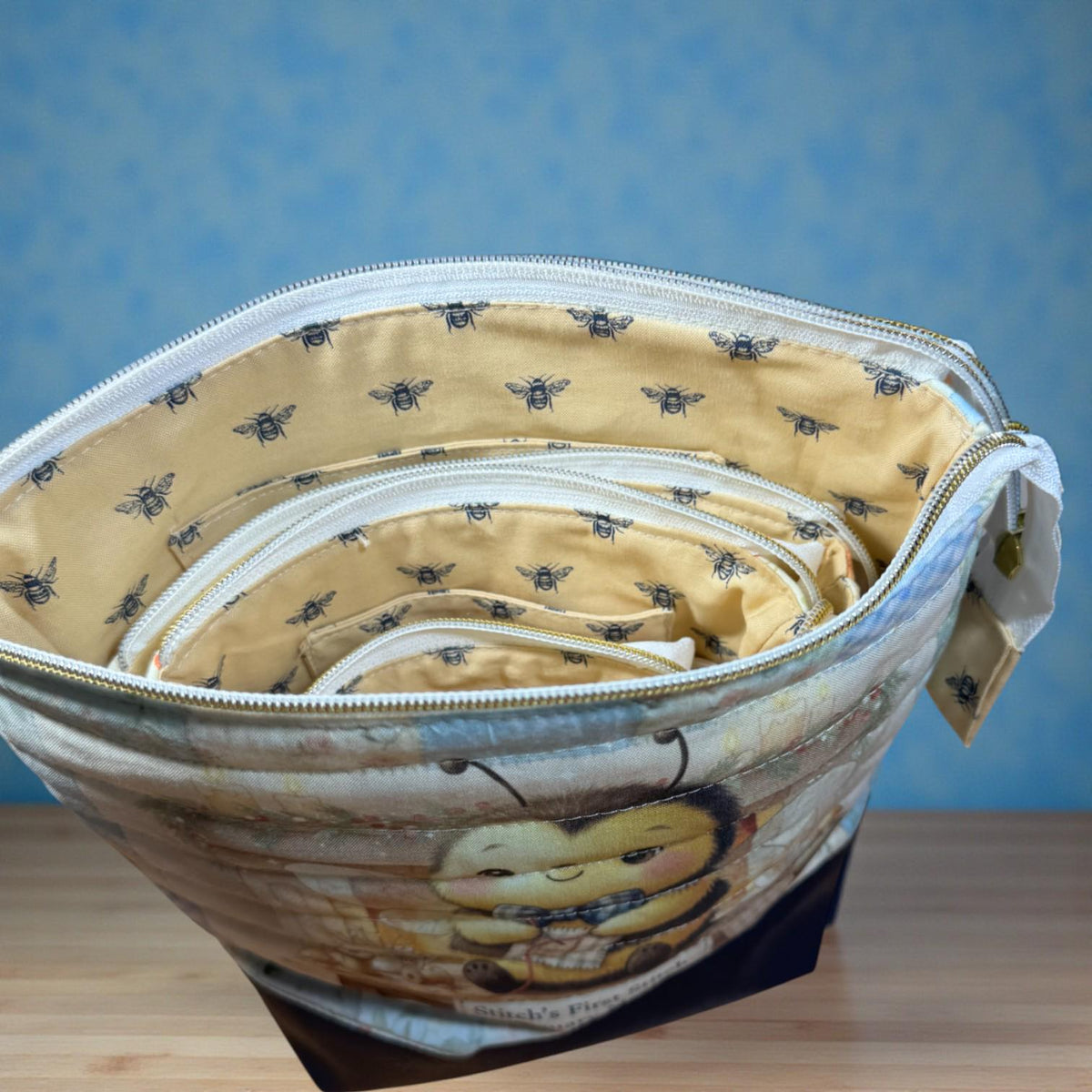Honeycomb Hollow January Magic Quilted Zipper Pouch, Bee Project Bag, Sewing & Craft Organizer, Handmade Limited Edition
